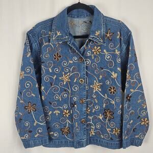 Embroidered Denim Jacket VTG Y2K Womens L Floral Boho Western Cottagecore Hippie